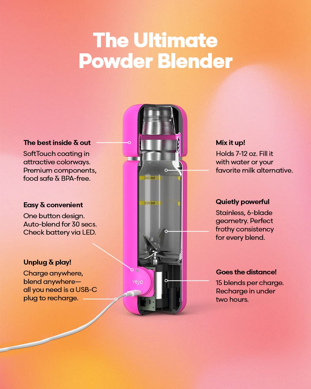VEJO | 12OZ ELECTRIC PROTEIN MIXER BOTTLE
