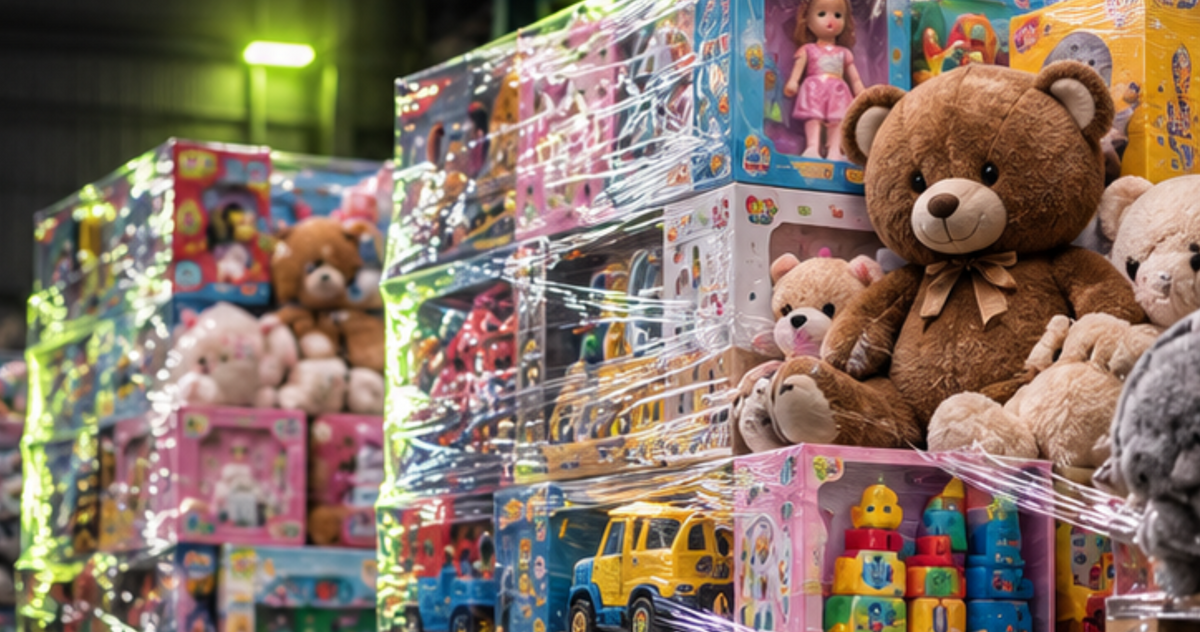 Toy pallets in a wholesale warehouse